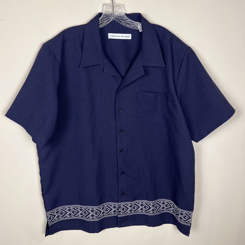 Irvine Park Men's Large Navy Blue Embroidered Border Short Sleeve Button Up Top